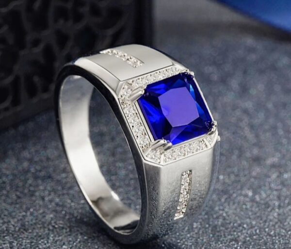 Sterling Silver Blue Sapphire & White Sapphire Ring For Gent ;s - Image 2