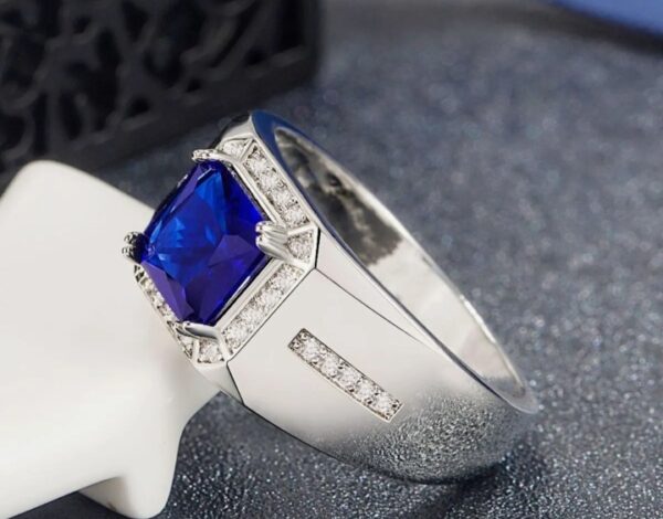 Sterling Silver Blue Sapphire & White Sapphire Ring For Gent ;s - Image 3