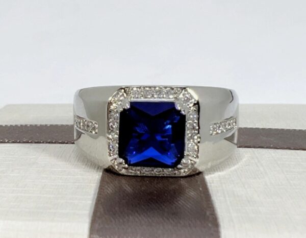 Sterling Silver Blue Sapphire & White Sapphire Ring For Gent ;s